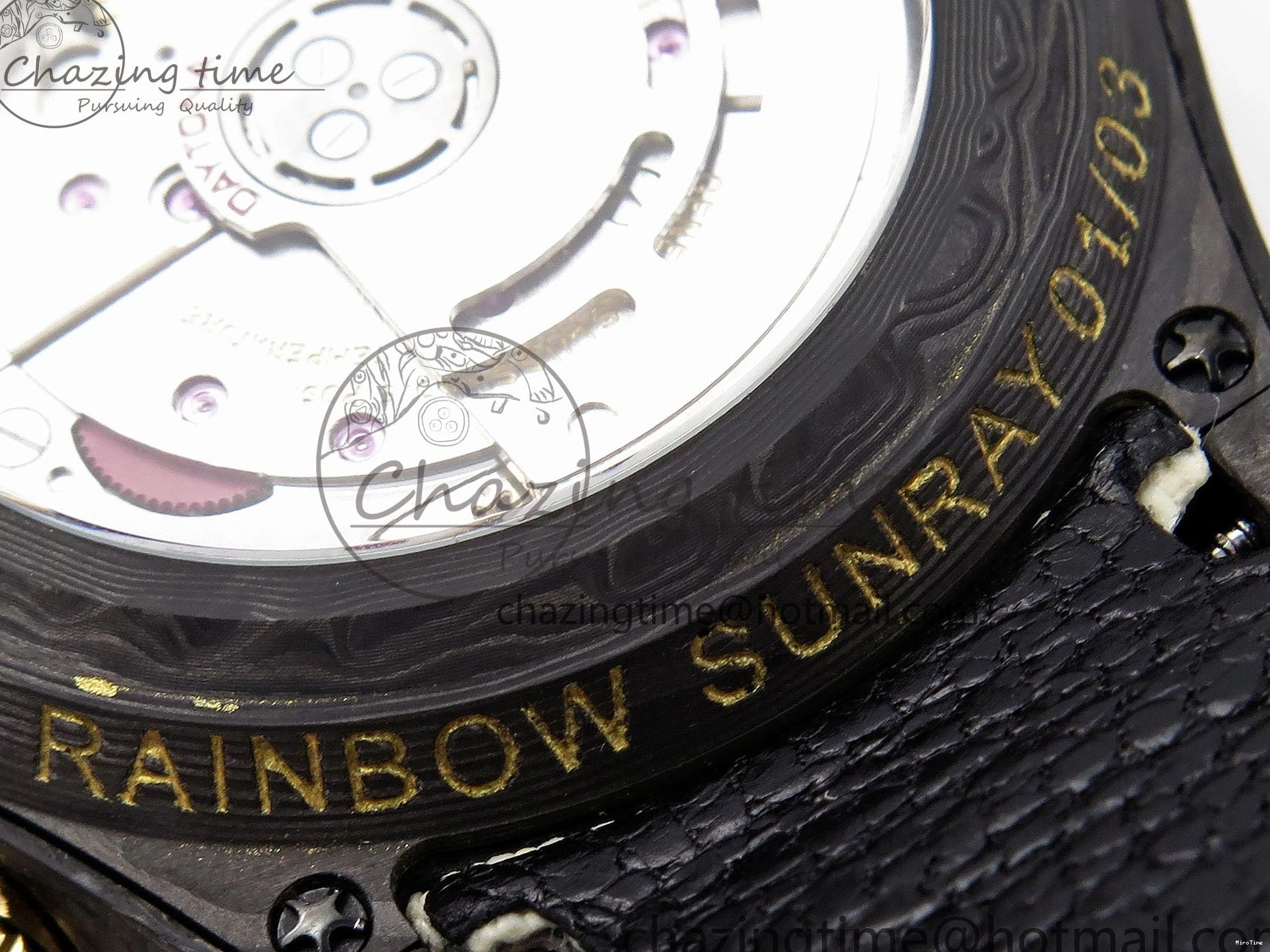 MiroTime 0513 Refined Daytona DIW Carbon Case DIWF Edition Black White Dial Orange Diamonds Bezel on White Nylon Strap A 1668